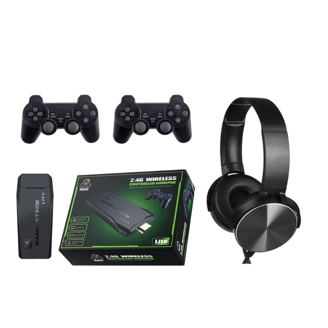 Combo Consola Game Stick 2.4G con Diadema Extra Bass y Micrófono