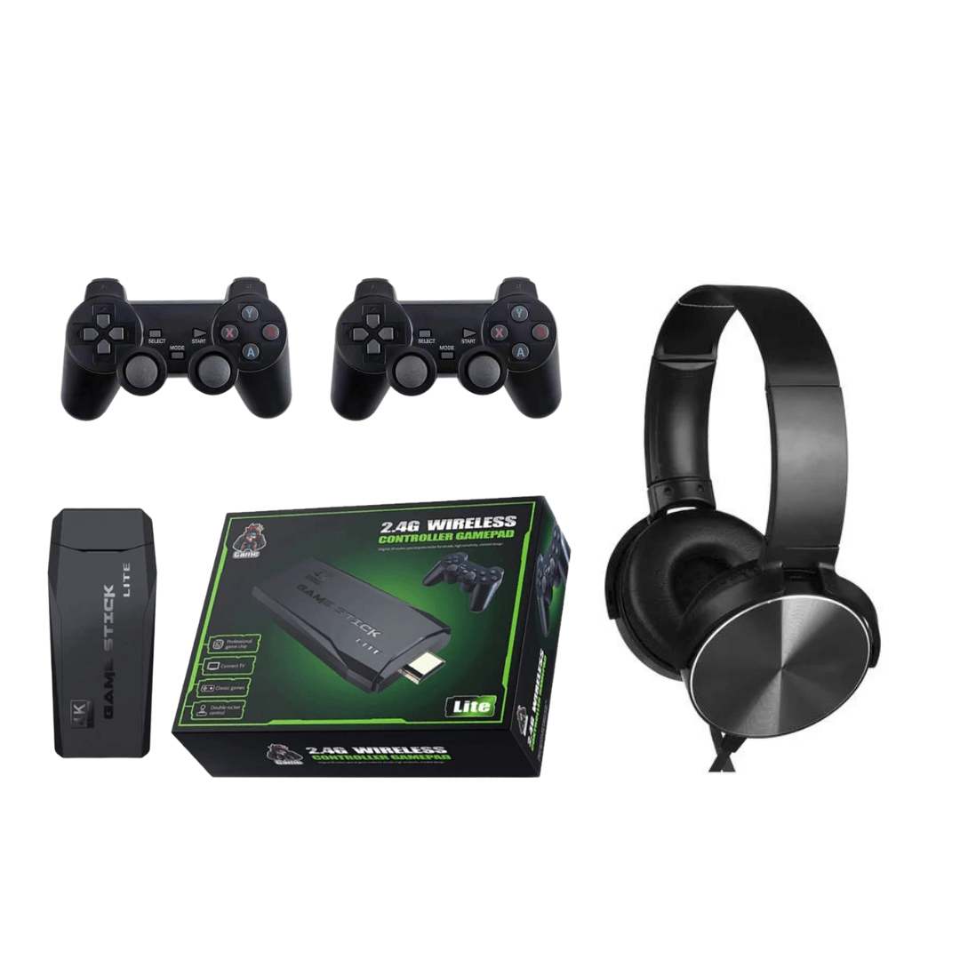 Combo Consola Game Stick 2.4G con Diadema Extra Bass y Micrófono