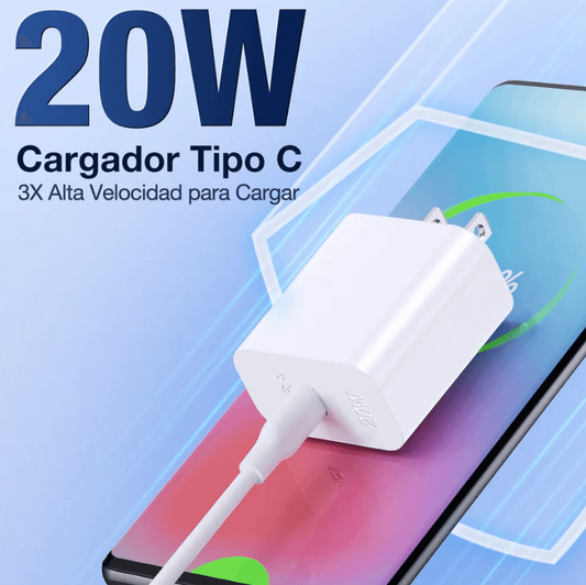 Cargador 1Hora USB-C PD 20W Carga Rápida con Cable C a C