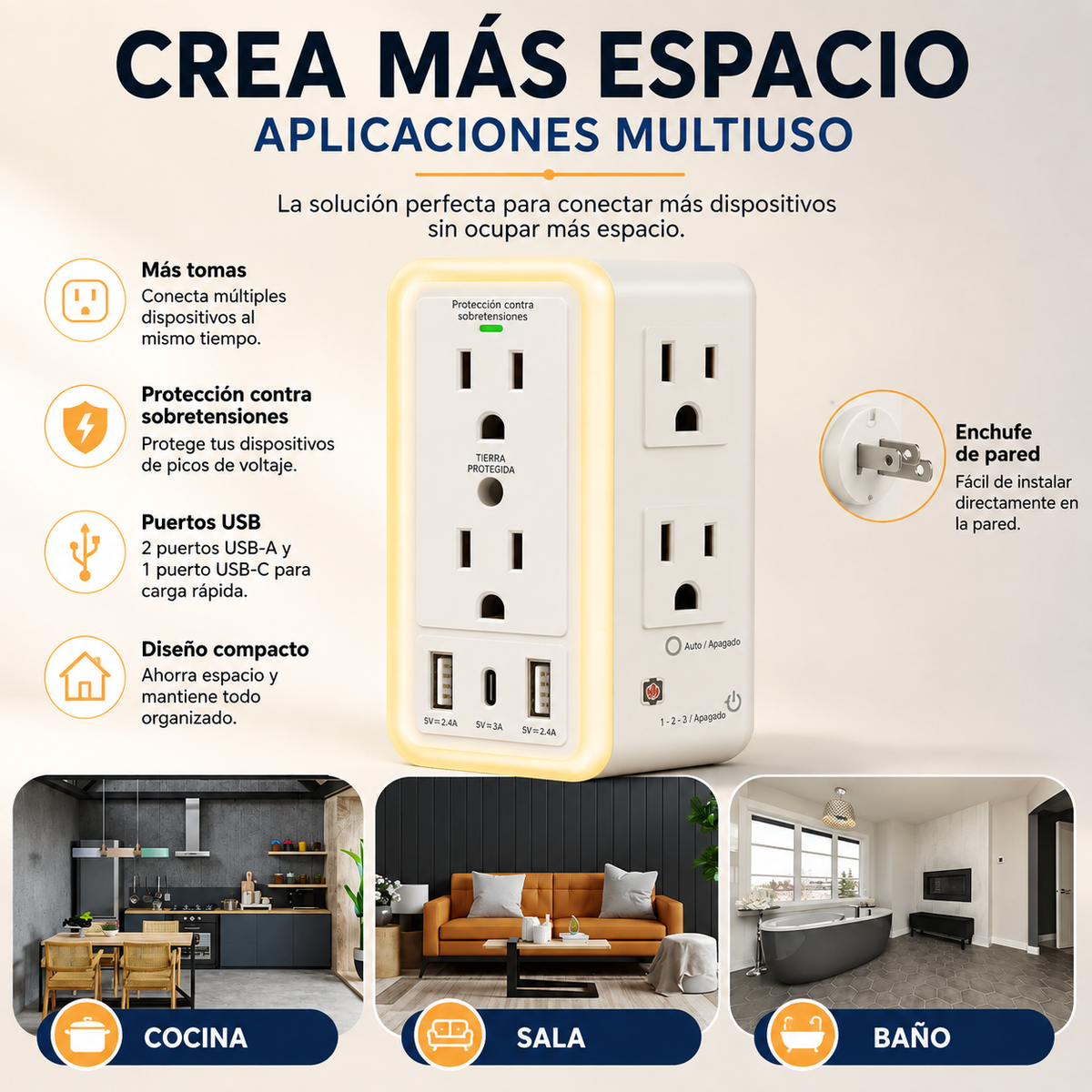 Tomacorriente Multifuncional de 6 Tomas con USB y Luz Nocturna