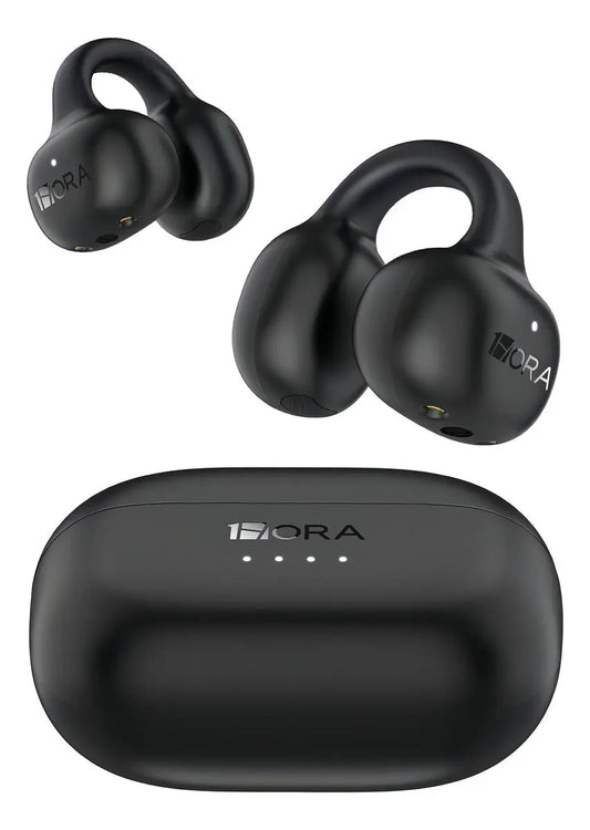 Auriculares inalámbricos Bluetooth negros 1HORA con estuche de carga, diseño moderno.
