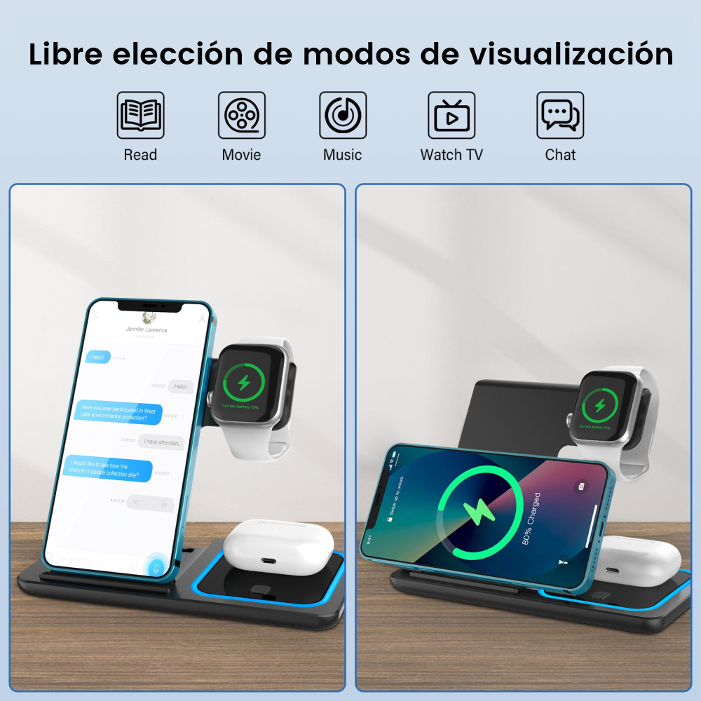 Estación de Carga Inalámbrica 3 en 1 Plegable para Teléfono, AirPods y Smartwatch