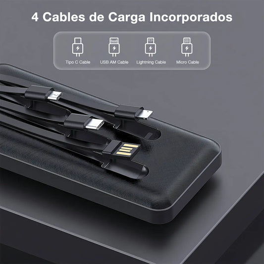 Power bank negro con 4 cables integrados tipo C, USB, lightning y micro USB sobre mesa gris