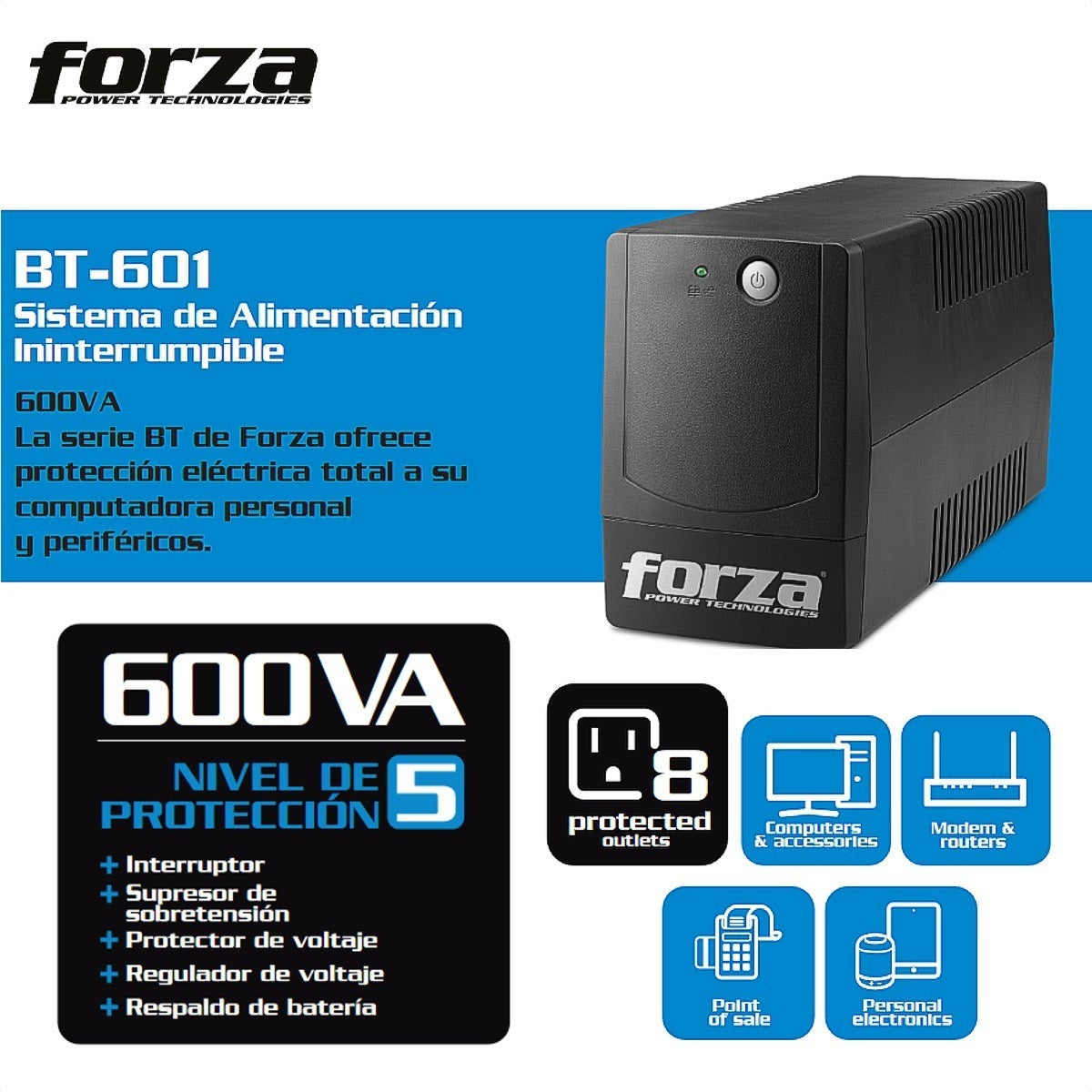 Ups Interactiva Forza BT-601, 600va/360w, 8 Tomas, Regulador Color Negro - 4