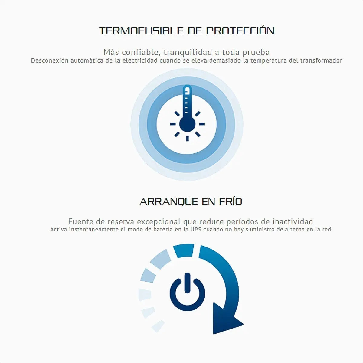 Infografía de termofusible de protección y arranque en frío para UPS Forza, íconos azules.