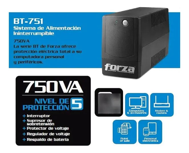 UPS Forza BT-751 750VA negra, 8 tomas, protección eléctrica para computadoras y periféricos