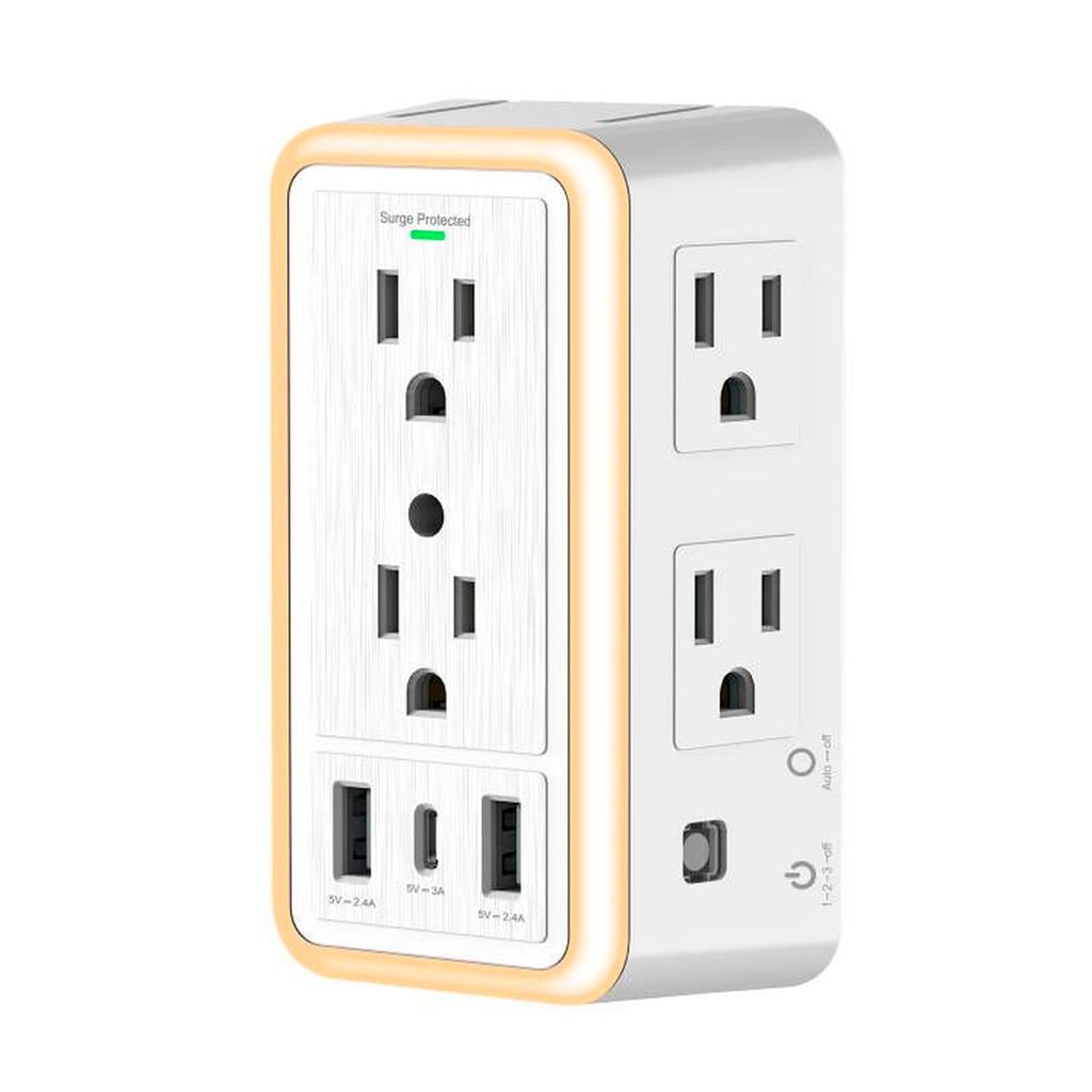Tomacorriente Multifuncional de 6 Tomas con USB y Luz Nocturna