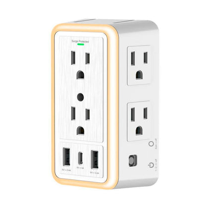 Tomacorriente Multifuncional de 6 Tomas con USB y Luz Nocturna