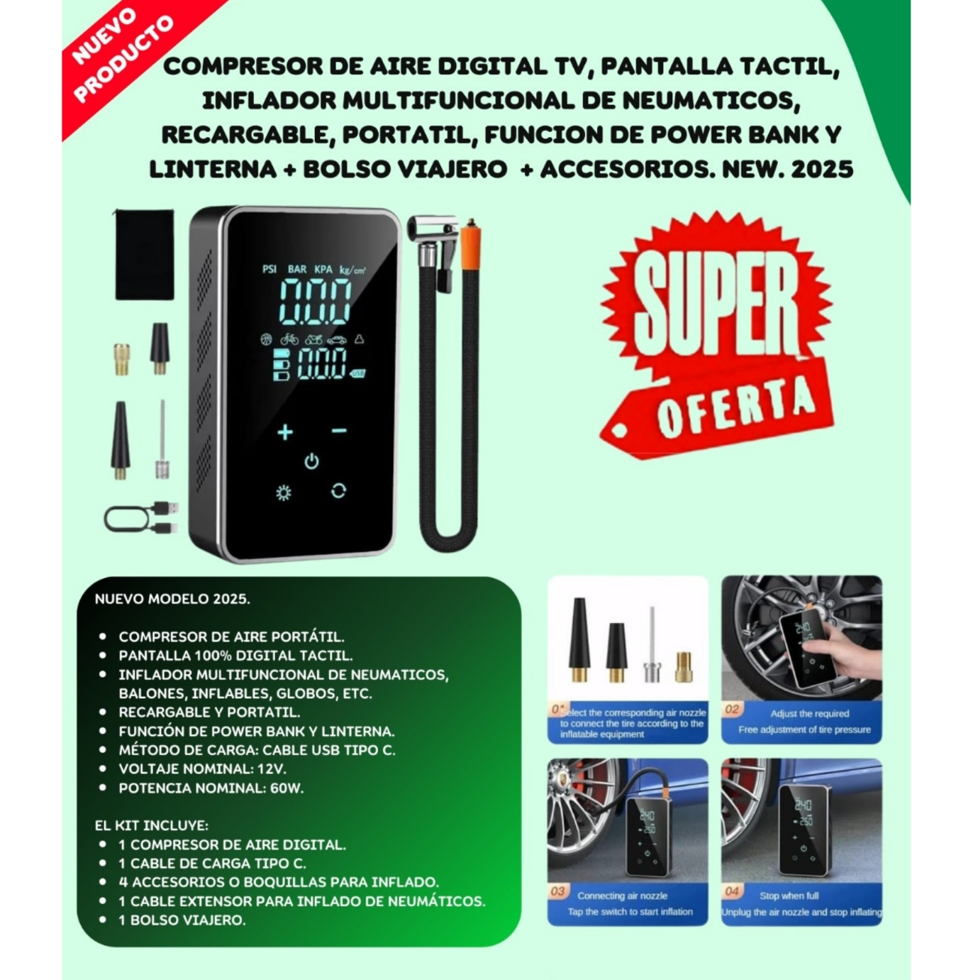 Compresor de Aire Digital 4 en 1 Recargable