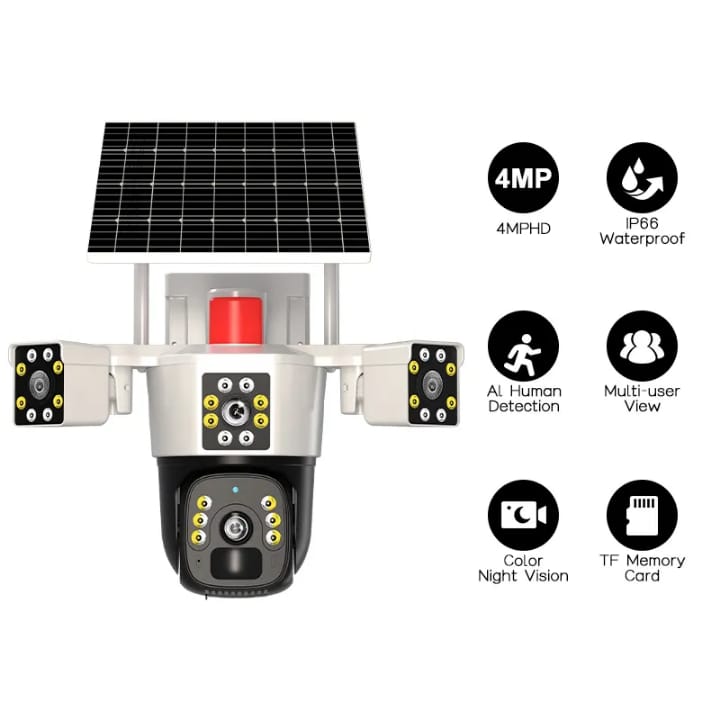 Cámara de Seguridad Solar 3 Lentes Sim Card 4K Visión Nocturna 350 Grados