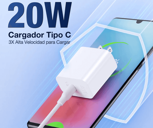 Cargador 1Hora USB-C PD 20W Carga Rápida con Cable C a C
