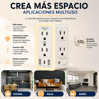 Tomacorriente Multifuncional de 6 Tomas con USB y Luz Nocturna