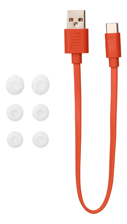 Cable USB-C naranja JBL y seis almohadillas blancas para auriculares inalámbricos