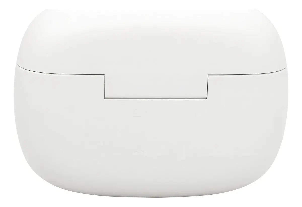 Estuche blanco de auriculares inalámbricos Bluetooth JBL Wave Beam 2 en fondo blanco