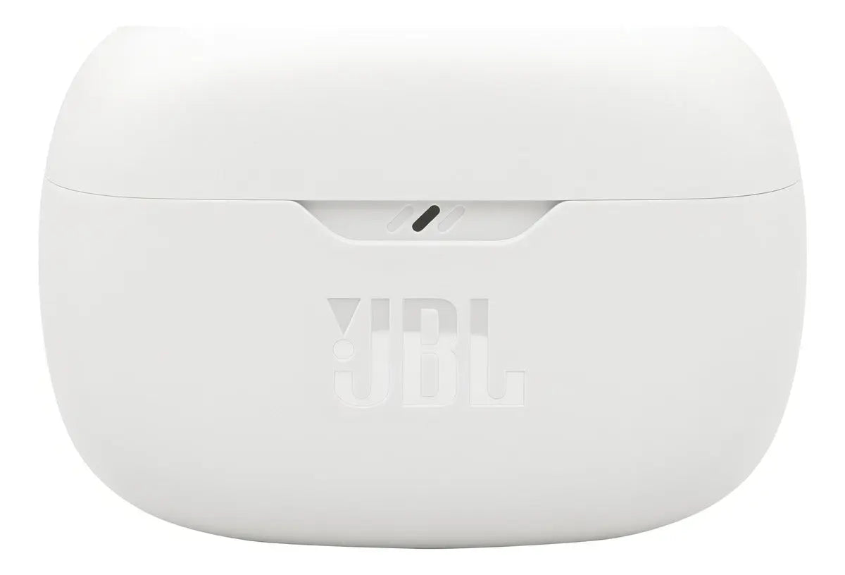 Estuche blanco de auriculares inalámbricos JBL Wave Beam 2 con logo en relieve