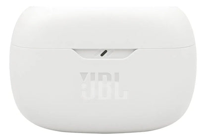 Estuche blanco de auriculares inalámbricos JBL Wave Beam 2 con logo en relieve