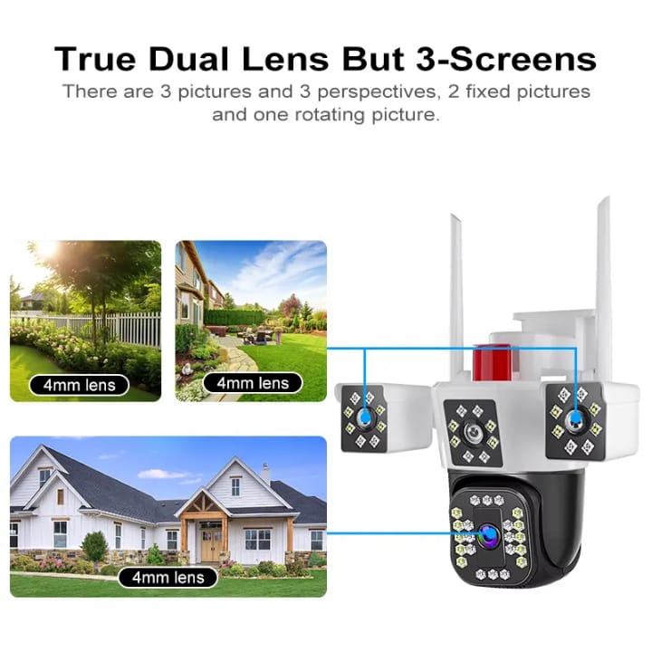 Cámara de Seguridad WiFi 4K 3 Lentes Sirena Visión Nocturna