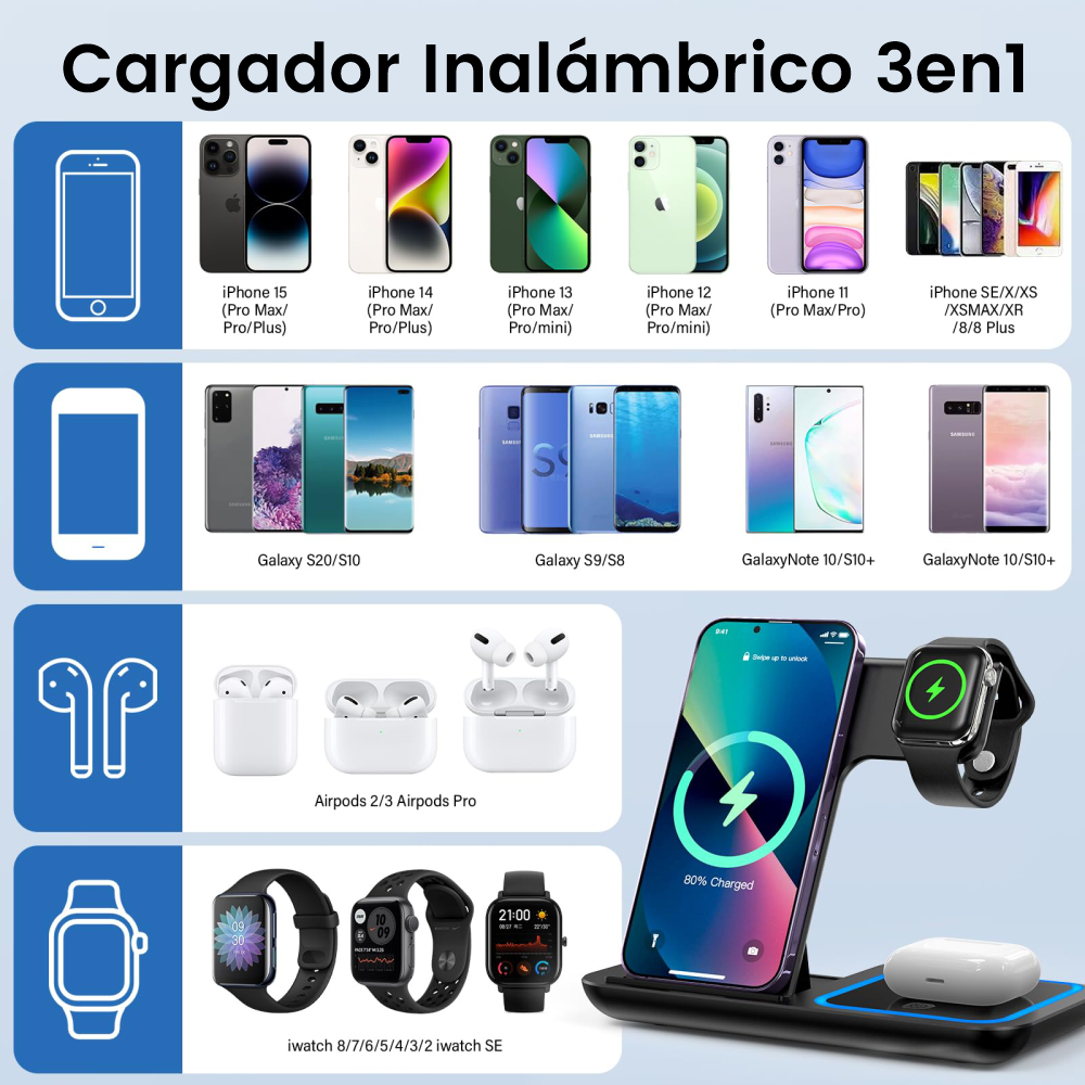 Estación de Carga Inalámbrica 3 en 1 Plegable para Teléfono, AirPods y Smartwatch