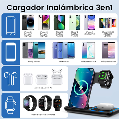 Estación de Carga Inalámbrica 3 en 1 Plegable para Teléfono, AirPods y Smartwatch