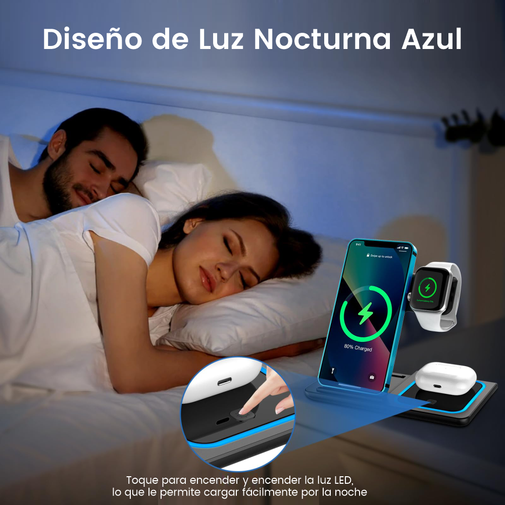 Estación de Carga Inalámbrica 3 en 1 Plegable para Teléfono, AirPods y Smartwatch