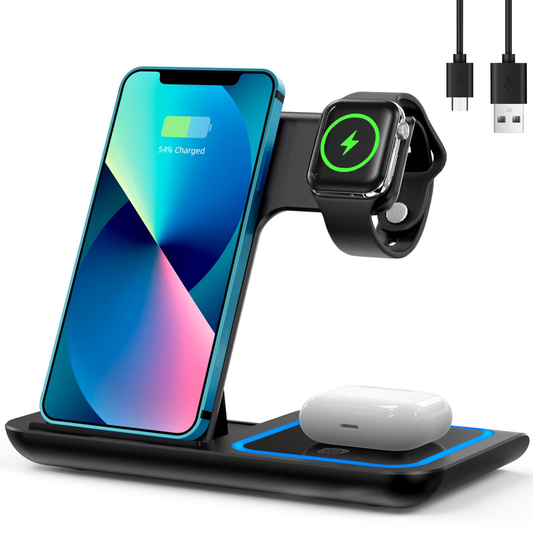 Estación de Carga Inalámbrica 3 en 1 Plegable para Teléfono, AirPods y Smartwatch