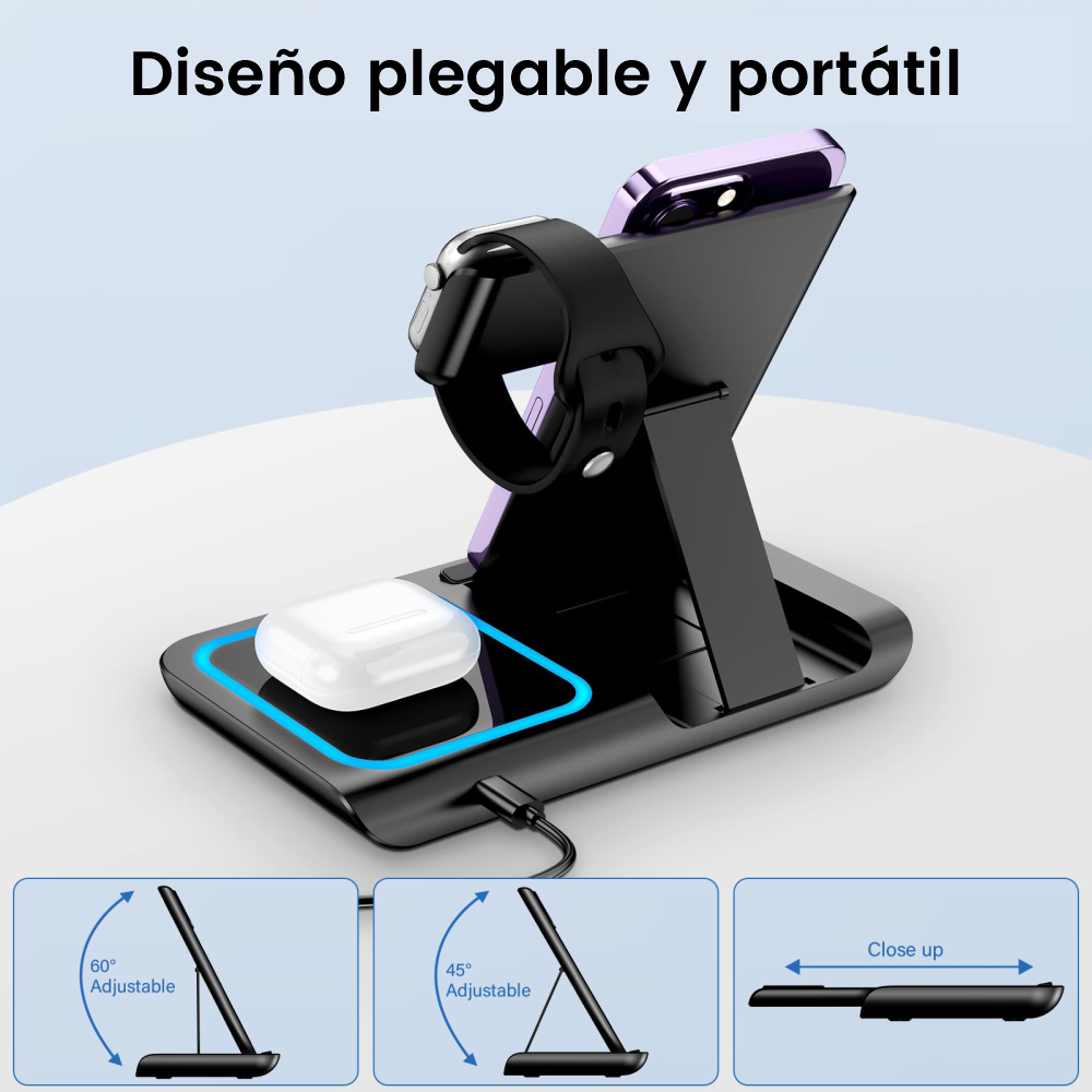 Estación de Carga Inalámbrica 3 en 1 Plegable para Teléfono, AirPods y Smartwatch