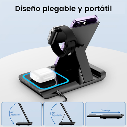 Estación de Carga Inalámbrica 3 en 1 Plegable para Teléfono, AirPods y Smartwatch