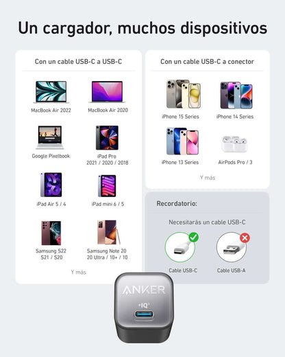 Cargador Anker Nano 313 GaN 30W USB-C Carga Rápida