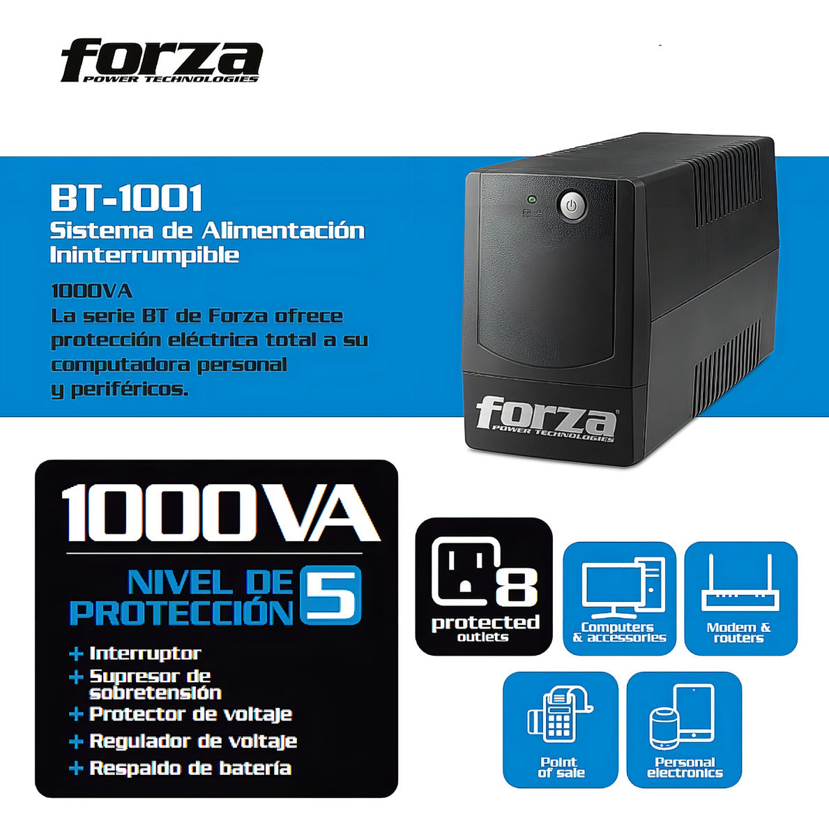 Ups Interactiva Forza BT-1001, 1000va/600w 8 Tomas Regulador Color Negro - 4