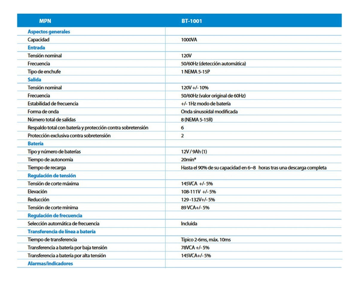 Ups Interactiva Forza BT-1001, 1000va/600w 8 Tomas Regulador Color Negro - 8