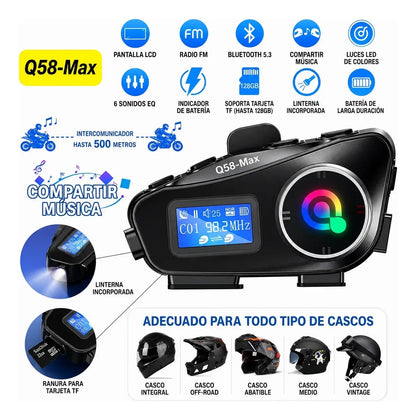 Intercomunicador para Casco de Moto Q58-Max Bluetooth Pantalla LED